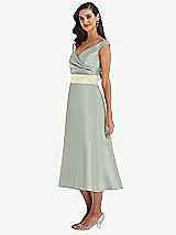 Side View Thumbnail - Willow Green & Butter Yellow Off-the-Shoulder Draped Wrap Satin Midi Dress with Pockets