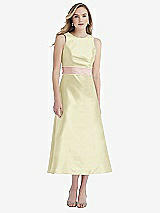 Front View Thumbnail - Butter Yellow & Blush High-Neck Asymmetrical Shirred Satin Midi Dress with Pockets