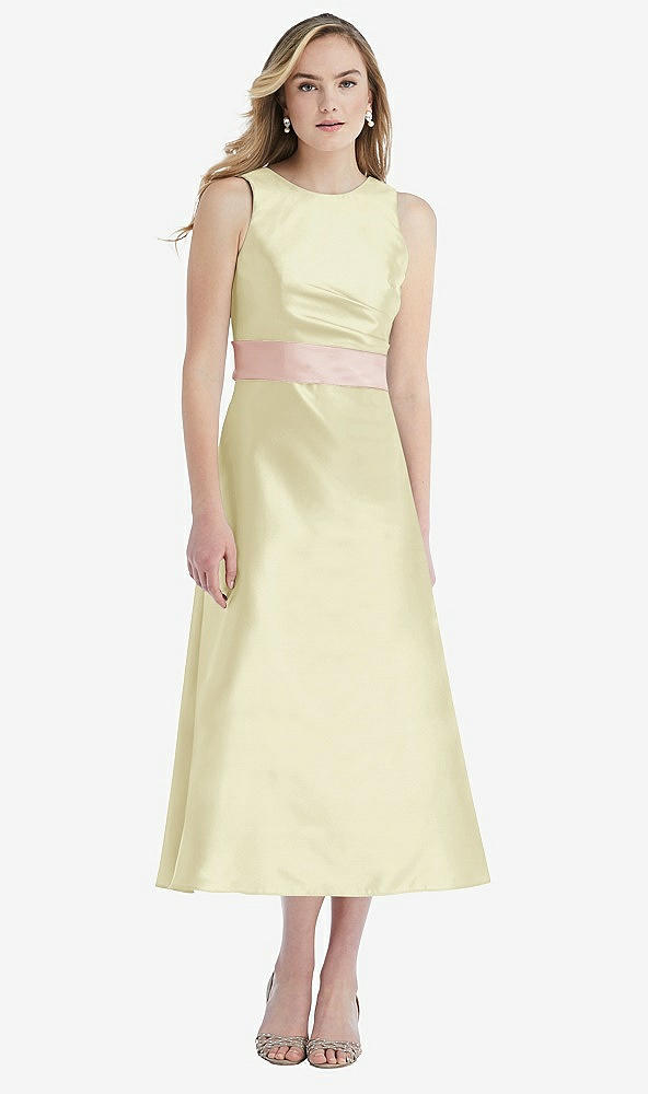 Front View - Butter Yellow & Blush High-Neck Asymmetrical Shirred Satin Midi Dress with Pockets