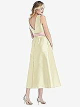 Rear View Thumbnail - Butter Yellow & Blush High-Neck Asymmetrical Shirred Satin Midi Dress with Pockets