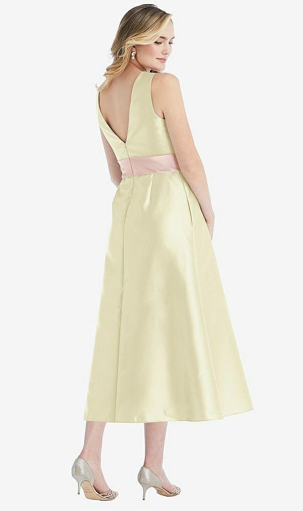 Back View - Butter Yellow & Blush High-Neck Asymmetrical Shirred Satin Midi Dress with Pockets