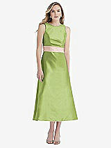 Front View Thumbnail - Mojito & Blush High-Neck Asymmetrical Shirred Satin Midi Dress with Pockets