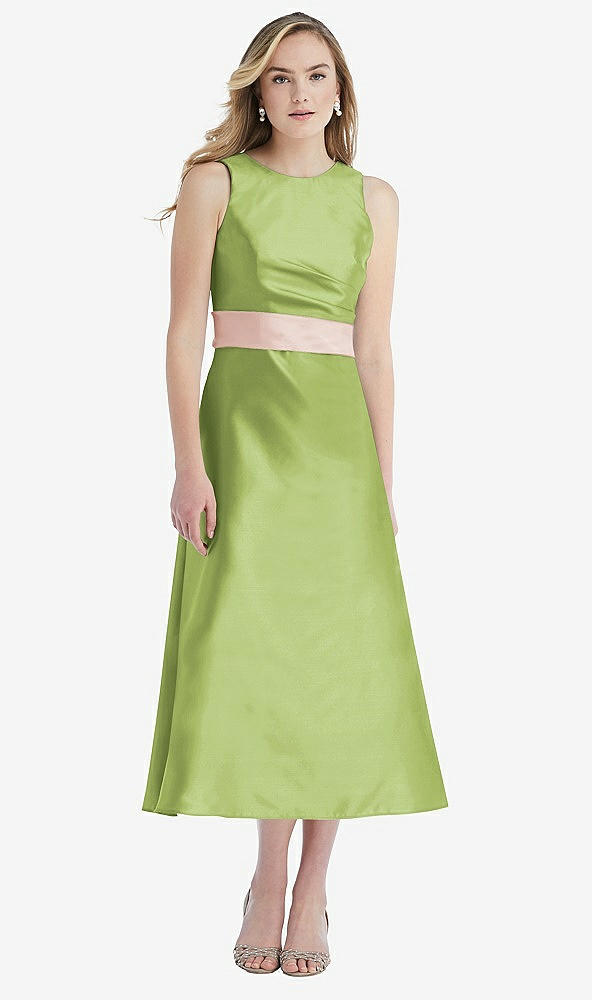 Front View - Mojito & Blush High-Neck Asymmetrical Shirred Satin Midi Dress with Pockets