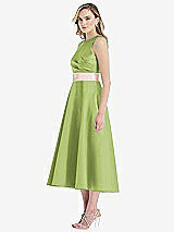 Side View Thumbnail - Mojito & Blush High-Neck Asymmetrical Shirred Satin Midi Dress with Pockets