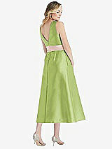 Rear View Thumbnail - Mojito & Blush High-Neck Asymmetrical Shirred Satin Midi Dress with Pockets