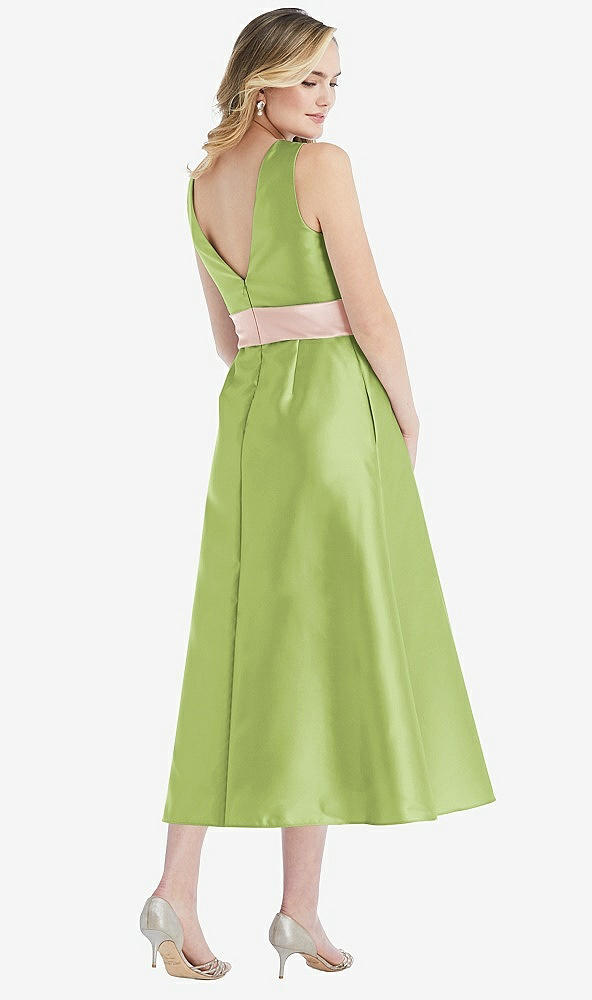 Back View - Mojito & Blush High-Neck Asymmetrical Shirred Satin Midi Dress with Pockets