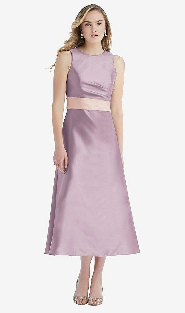 Front View - Suede Rose & Blush High-Neck Asymmetrical Shirred Satin Midi Dress with Pockets