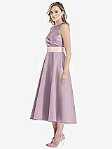 Side View Thumbnail - Suede Rose & Blush High-Neck Asymmetrical Shirred Satin Midi Dress with Pockets