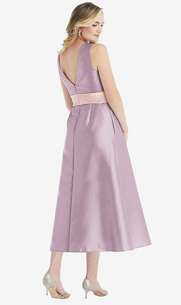 Back View - Suede Rose & Blush High-Neck Asymmetrical Shirred Satin Midi Dress with Pockets