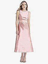 Front View Thumbnail - Ballet Pink & Blush High-Neck Asymmetrical Shirred Satin Midi Dress with Pockets