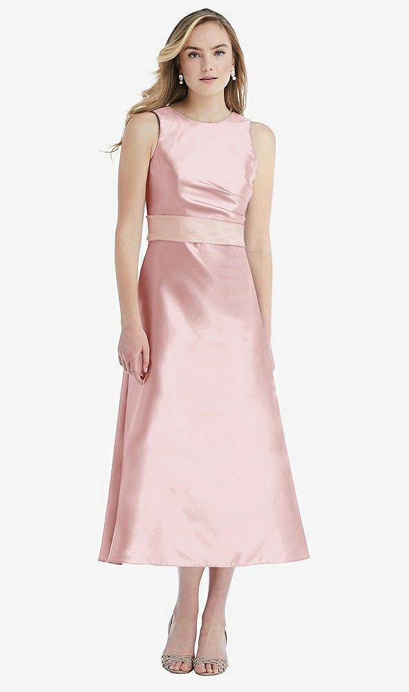 Front View - Ballet Pink & Blush High-Neck Asymmetrical Shirred Satin Midi Dress with Pockets