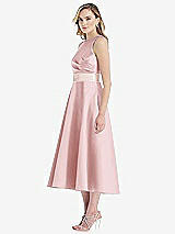 Side View Thumbnail - Ballet Pink & Blush High-Neck Asymmetrical Shirred Satin Midi Dress with Pockets