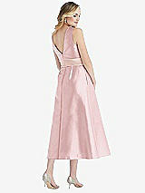 Rear View Thumbnail - Ballet Pink & Blush High-Neck Asymmetrical Shirred Satin Midi Dress with Pockets