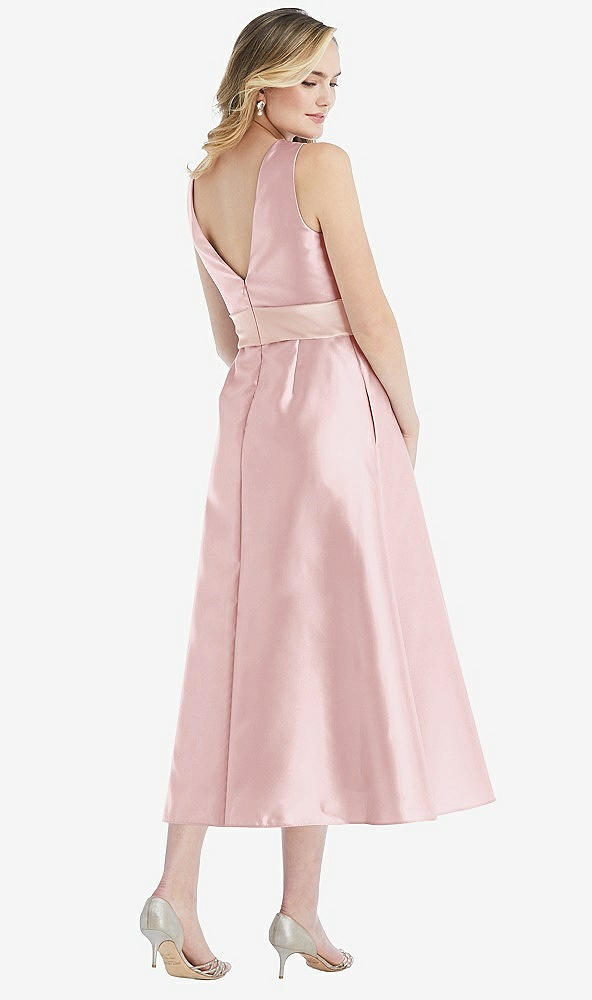 Back View - Ballet Pink & Blush High-Neck Asymmetrical Shirred Satin Midi Dress with Pockets