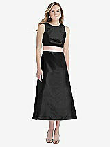 Front View Thumbnail - Black & Blush High-Neck Asymmetrical Shirred Satin Midi Dress with Pockets