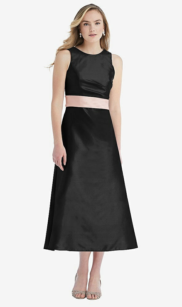 Front View - Black & Blush High-Neck Asymmetrical Shirred Satin Midi Dress with Pockets