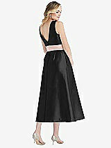 Rear View Thumbnail - Black & Blush High-Neck Asymmetrical Shirred Satin Midi Dress with Pockets