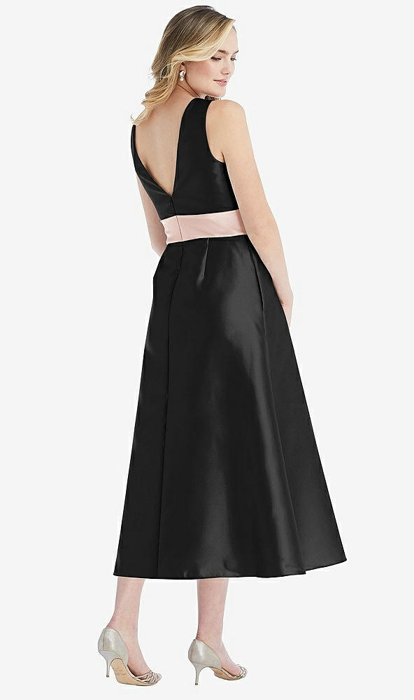 Back View - Black & Blush High-Neck Asymmetrical Shirred Satin Midi Dress with Pockets