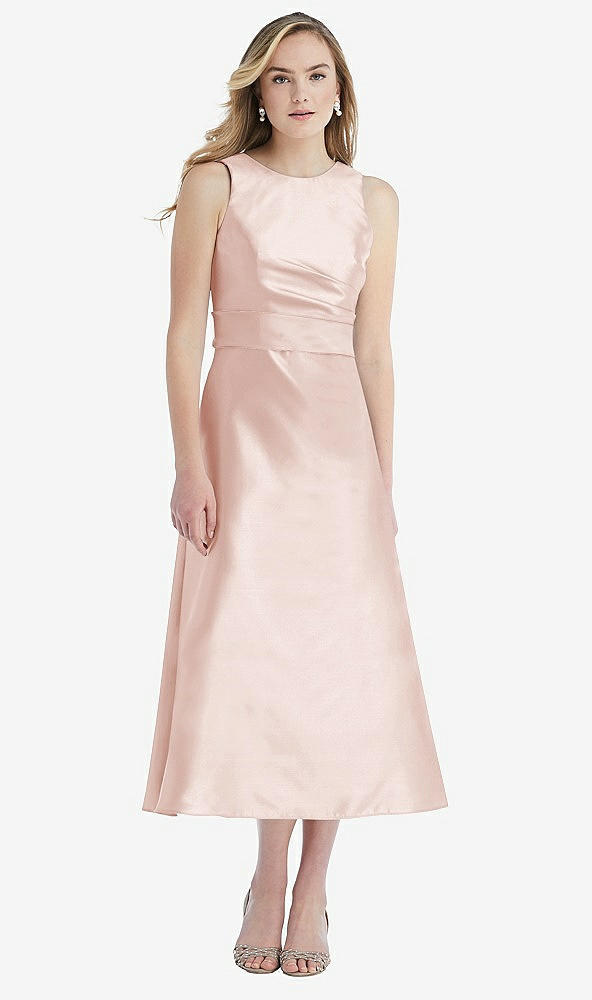 Front View - Blush & Blush High-Neck Asymmetrical Shirred Satin Midi Dress with Pockets