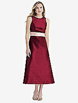 Front View Thumbnail - Burgundy & Blush High-Neck Asymmetrical Shirred Satin Midi Dress with Pockets