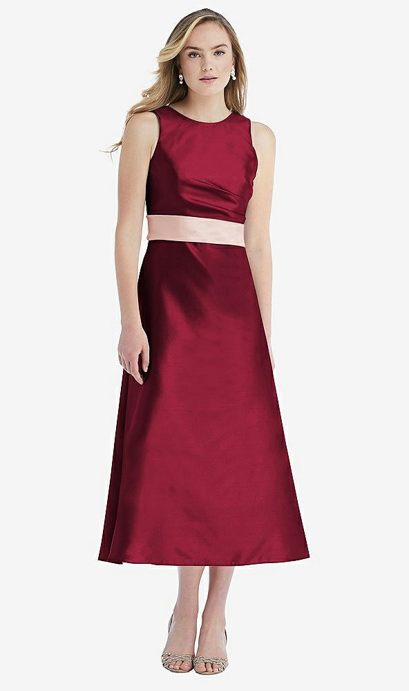 Front View - Burgundy & Blush High-Neck Asymmetrical Shirred Satin Midi Dress with Pockets