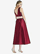 Rear View Thumbnail - Burgundy & Blush High-Neck Asymmetrical Shirred Satin Midi Dress with Pockets