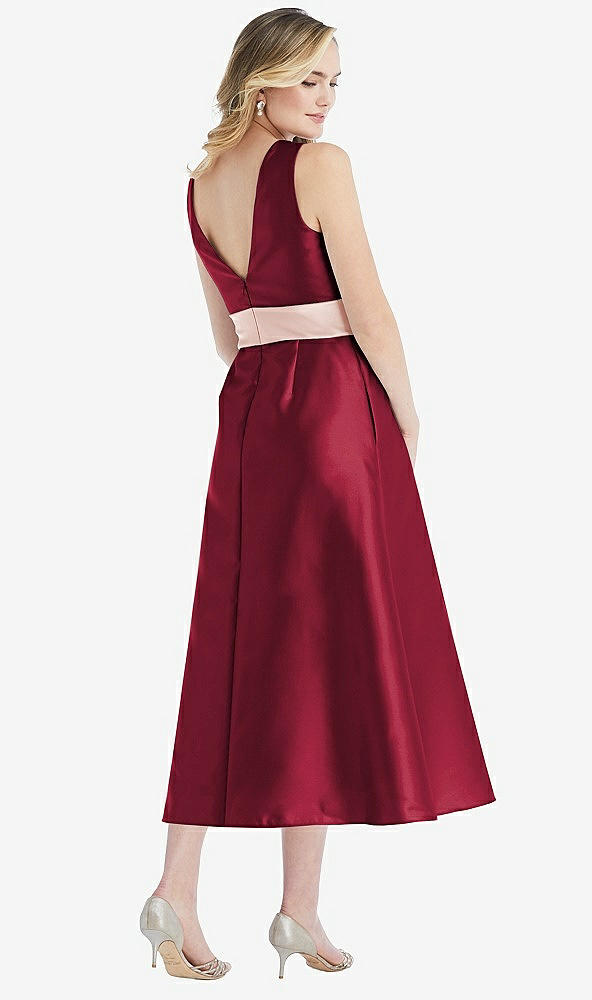 Back View - Burgundy & Blush High-Neck Asymmetrical Shirred Satin Midi Dress with Pockets