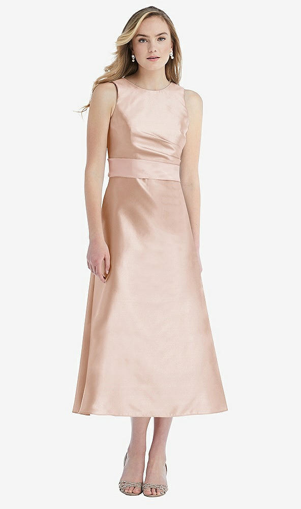 Front View - Cameo & Blush High-Neck Asymmetrical Shirred Satin Midi Dress with Pockets