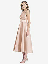 Side View Thumbnail - Cameo & Blush High-Neck Asymmetrical Shirred Satin Midi Dress with Pockets