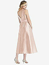 Rear View Thumbnail - Cameo & Blush High-Neck Asymmetrical Shirred Satin Midi Dress with Pockets