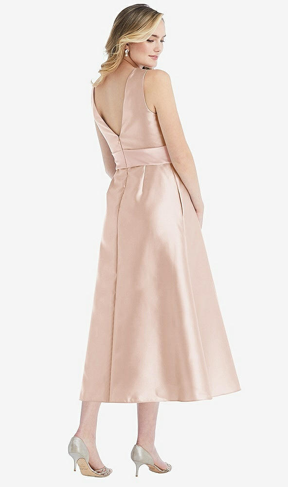 Back View - Cameo & Blush High-Neck Asymmetrical Shirred Satin Midi Dress with Pockets
