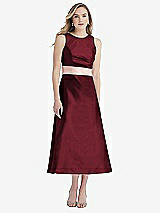 Front View Thumbnail - Cabernet & Blush High-Neck Asymmetrical Shirred Satin Midi Dress with Pockets