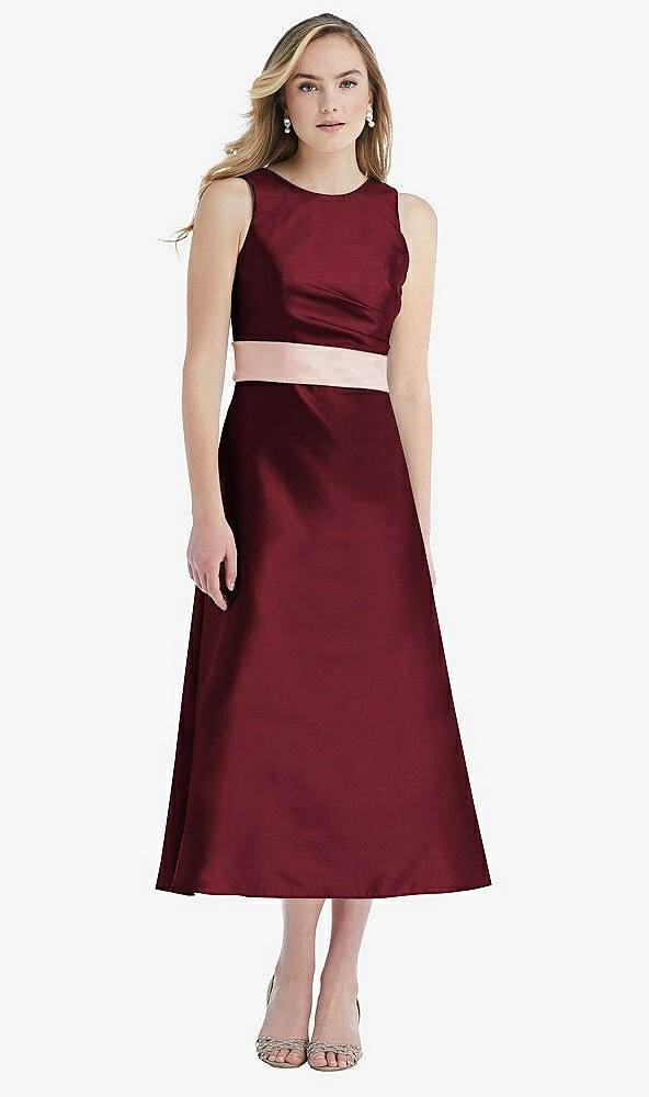 Front View - Cabernet & Blush High-Neck Asymmetrical Shirred Satin Midi Dress with Pockets