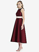 Side View Thumbnail - Cabernet & Blush High-Neck Asymmetrical Shirred Satin Midi Dress with Pockets