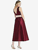 Rear View Thumbnail - Cabernet & Blush High-Neck Asymmetrical Shirred Satin Midi Dress with Pockets