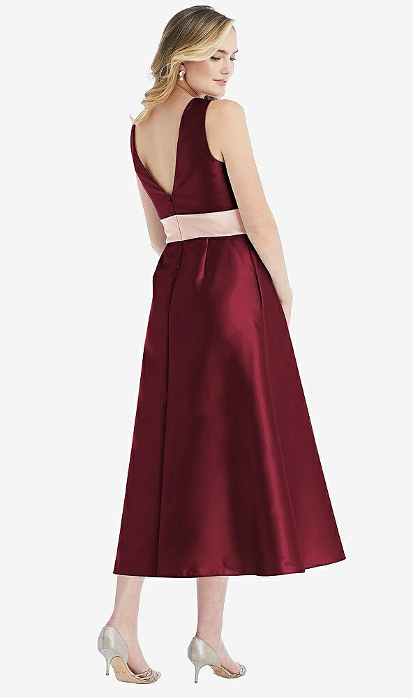 Back View - Cabernet & Blush High-Neck Asymmetrical Shirred Satin Midi Dress with Pockets