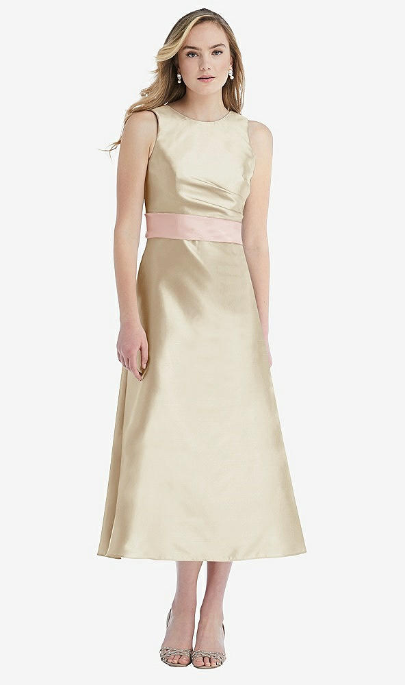 Front View - Champagne & Blush High-Neck Asymmetrical Shirred Satin Midi Dress with Pockets