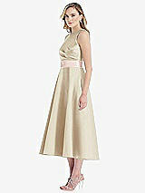 Side View Thumbnail - Champagne & Blush High-Neck Asymmetrical Shirred Satin Midi Dress with Pockets