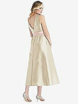 Rear View Thumbnail - Champagne & Blush High-Neck Asymmetrical Shirred Satin Midi Dress with Pockets