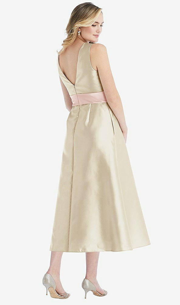 Back View - Champagne & Blush High-Neck Asymmetrical Shirred Satin Midi Dress with Pockets