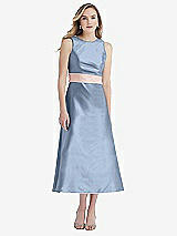 Front View Thumbnail - Cloudy & Blush High-Neck Asymmetrical Shirred Satin Midi Dress with Pockets