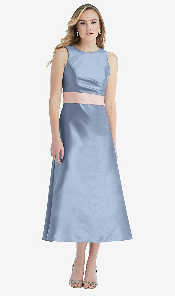 Front View - Cloudy & Blush High-Neck Asymmetrical Shirred Satin Midi Dress with Pockets