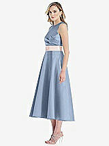 Side View Thumbnail - Cloudy & Blush High-Neck Asymmetrical Shirred Satin Midi Dress with Pockets