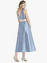 Rear View Thumbnail - Cloudy & Blush High-Neck Asymmetrical Shirred Satin Midi Dress with Pockets