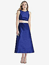 Front View Thumbnail - Cobalt Blue & Blush High-Neck Asymmetrical Shirred Satin Midi Dress with Pockets