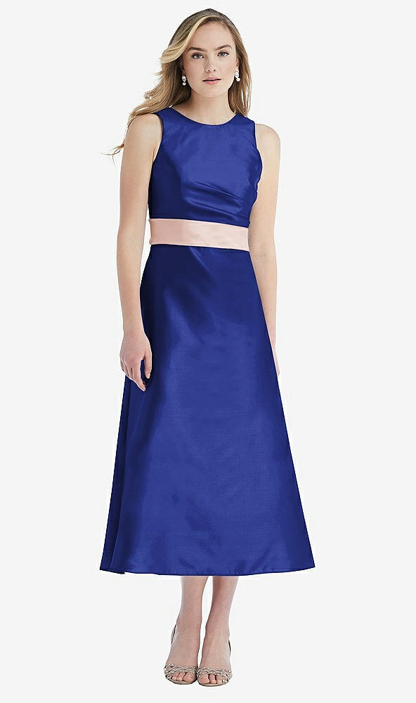 Front View - Cobalt Blue & Blush High-Neck Asymmetrical Shirred Satin Midi Dress with Pockets
