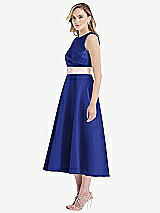 Side View Thumbnail - Cobalt Blue & Blush High-Neck Asymmetrical Shirred Satin Midi Dress with Pockets