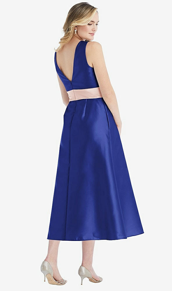 Back View - Cobalt Blue & Blush High-Neck Asymmetrical Shirred Satin Midi Dress with Pockets