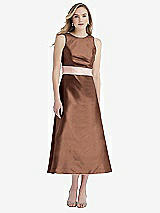 Front View Thumbnail - Cognac & Blush High-Neck Asymmetrical Shirred Satin Midi Dress with Pockets