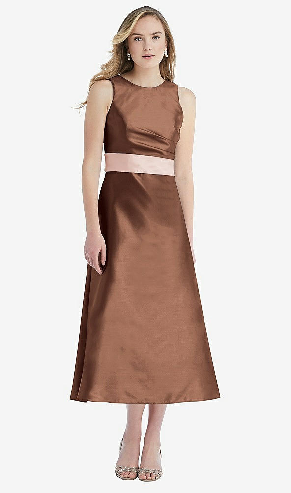 Front View - Cognac & Blush High-Neck Asymmetrical Shirred Satin Midi Dress with Pockets